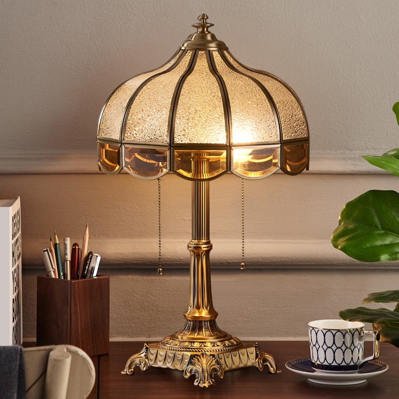 Water Glass Bowl Nightstand Light Traditional 2-Bulb Bedroom Table Lamp with Pull Switch in Brass