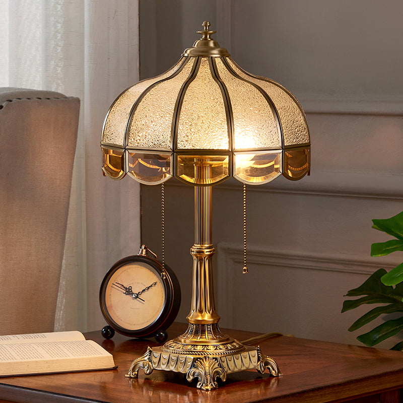 Water Glass Bowl Nightstand Light Traditional 2-Bulb Bedroom Table Lamp with Pull Switch in Brass
