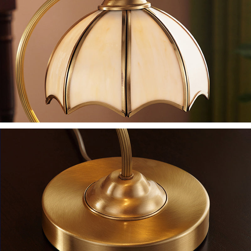 Simplicity Umbrella Shaped Table Lamp 1 Head Frosted Glass Night Lighting with Gooseneck Arm in Brass