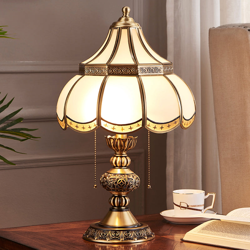 Brass Scalloped Night Stand Lamp Traditional White Glass 2-Bulb Bedroom Table Light with Pull Chain Switch