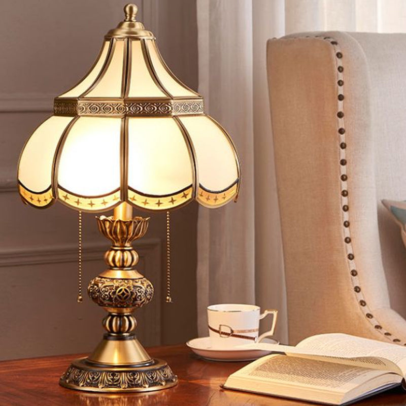 Brass Scalloped Night Stand Lamp Traditional White Glass 2-Bulb Bedroom Table Light with Pull Chain Switch