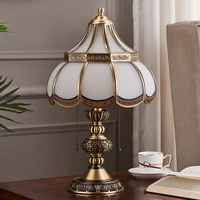 Brass Scalloped Night Stand Lamp Traditional White Glass 2-Bulb Bedroom Table Light with Pull Chain Switch