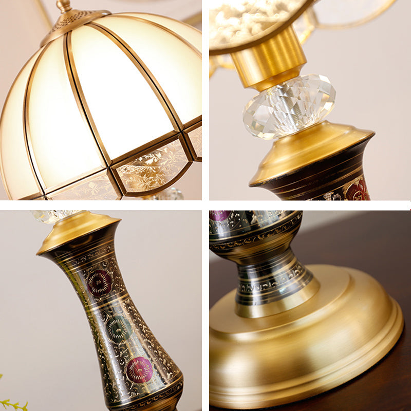 Single Dome Night Table Lamp Traditional Brass Opal Glass Nightstand Light with Scalloped Trim