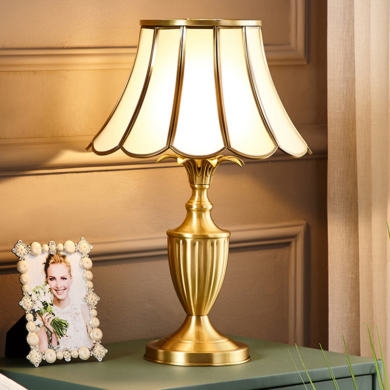 Brass Scalloped Night Table Lamp Colonial Style Opaque Glass Single Bedroom Nightstand Light