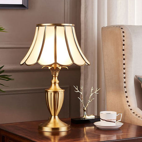 Brass Scalloped Night Table Lamp Colonial Style Opaque Glass Single Bedroom Nightstand Light