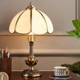 Brass Scalloped Night Table Lamp Colonial Style Opaque Glass Single Bedroom Nightstand Light