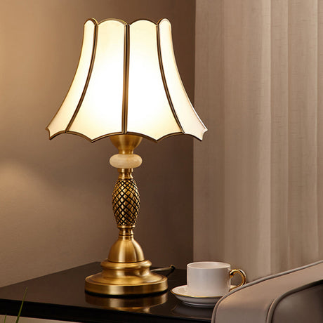 Brass Scalloped Night Table Lamp Colonial Style Opaque Glass Single Bedroom Nightstand Light