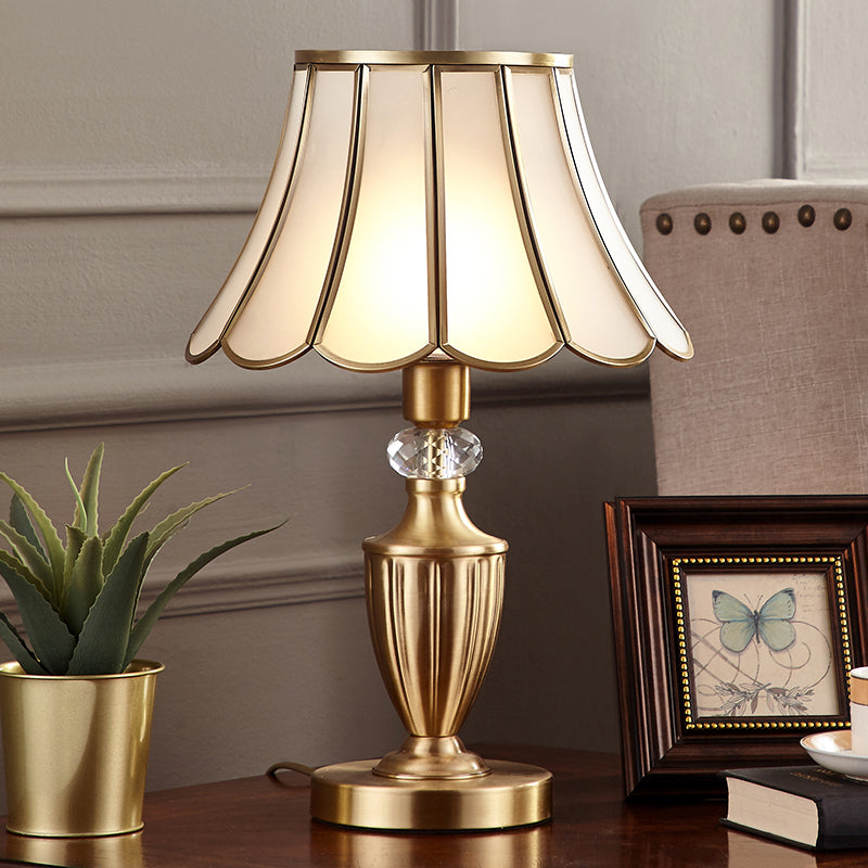 Brass Scalloped Night Table Lamp Colonial Style Opaque Glass Single Bedroom Nightstand Light