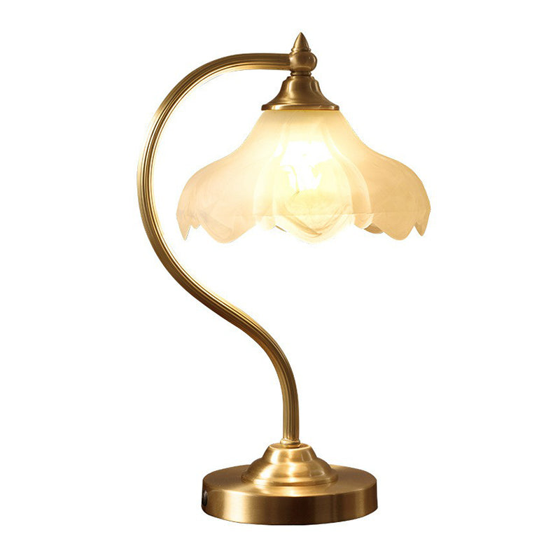 Brass Gooseneck Nightstand Lamp Traditional Metal 1-Light Living Room Table Light with Floral Frosted Glass Shade