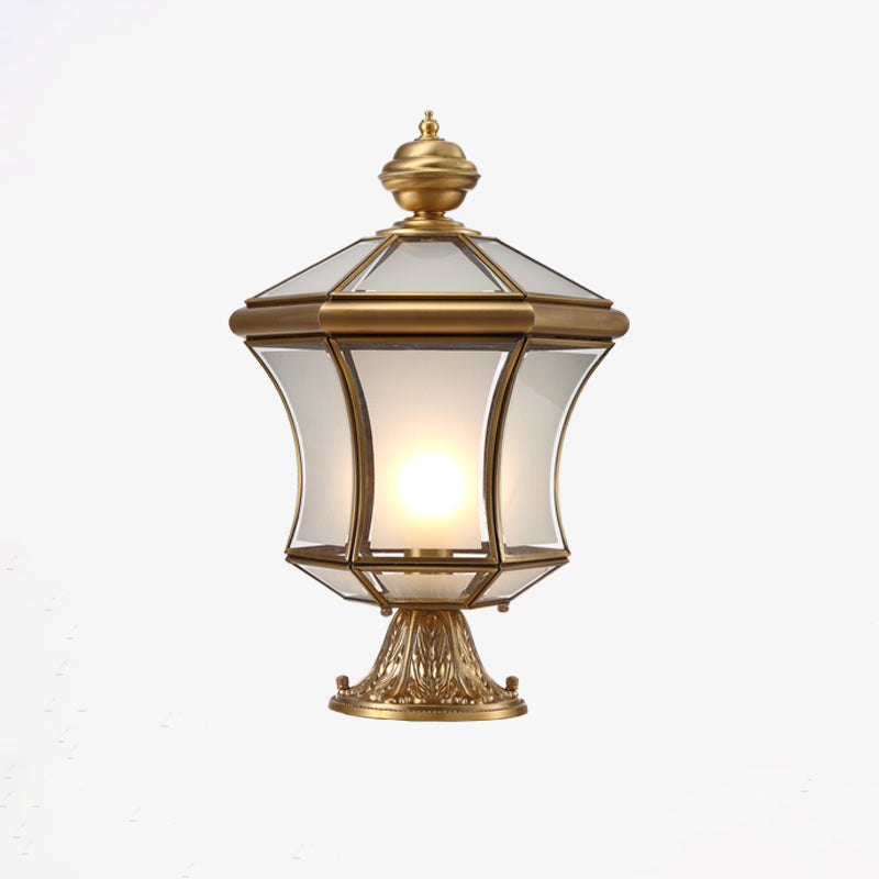 Bronze Curved Lantern Post Lighting Minimalistic 3-Bulb Frosted Glass Landscape Lamp