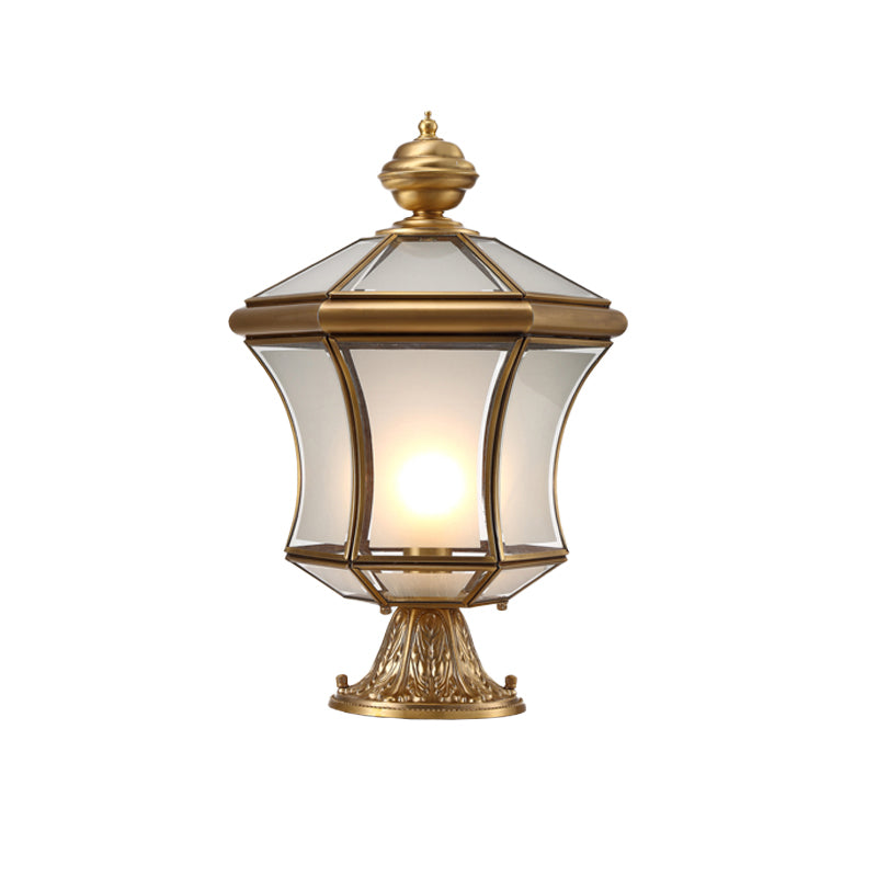 Bronze Curved Lantern Post Lighting Minimalistic 3-Bulb Frosted Glass Landscape Lamp