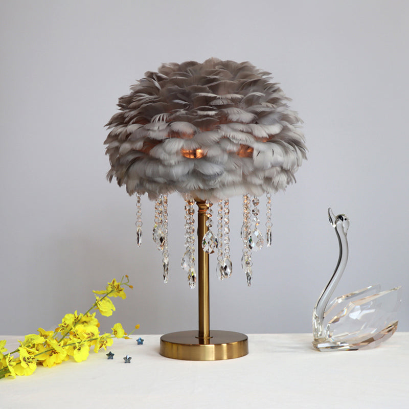 Modern Romantic Domed Table Lamp Feather 1-Light Bedside Night Light with Crystal Decor