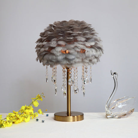 Modern Romantic Domed Table Lamp Feather 1-Light Bedside Night Light with Crystal Decor