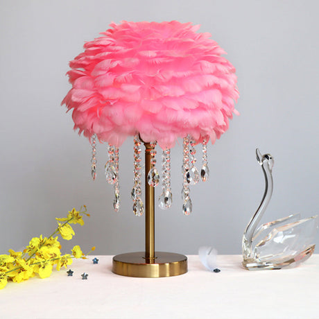 Modern Romantic Domed Table Lamp Feather 1-Light Bedside Night Light with Crystal Decor