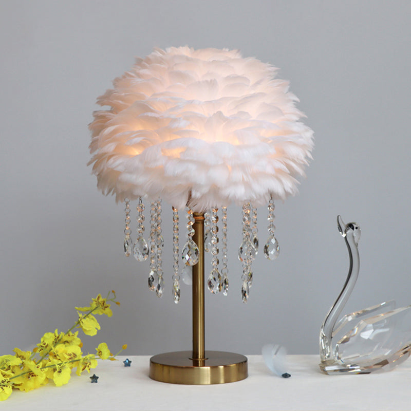 Modern Romantic Domed Table Lamp Feather 1-Light Bedside Night Light with Crystal Decor