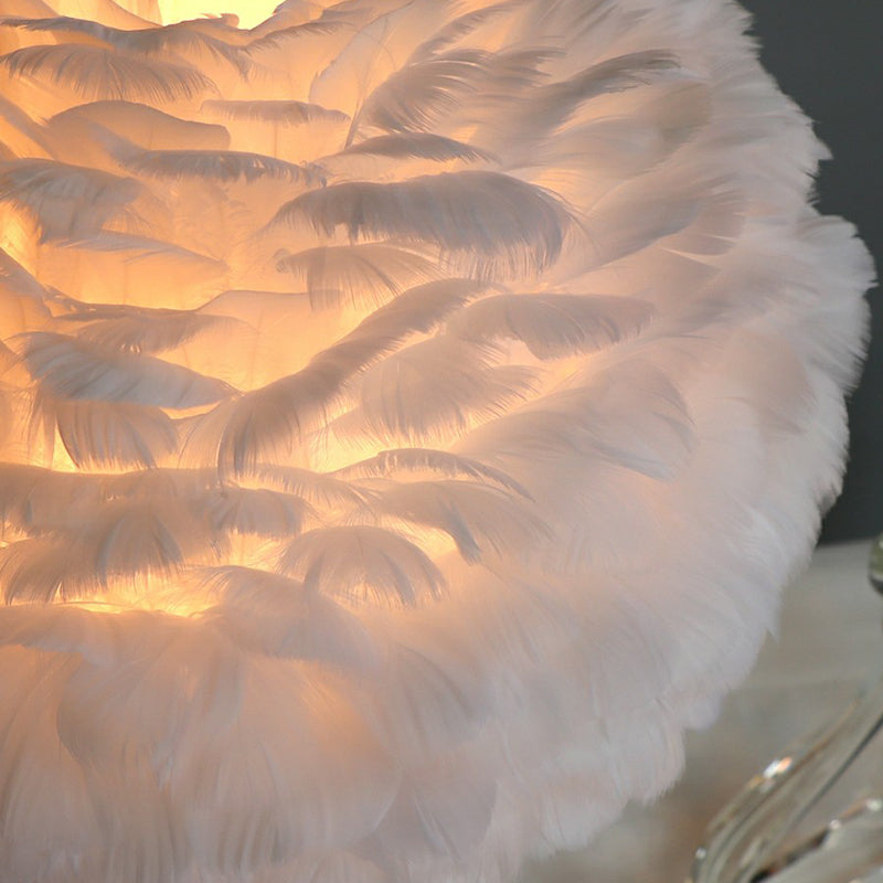 Modern Romantic Domed Table Lamp Feather 1-Light Bedside Night Light with Crystal Decor