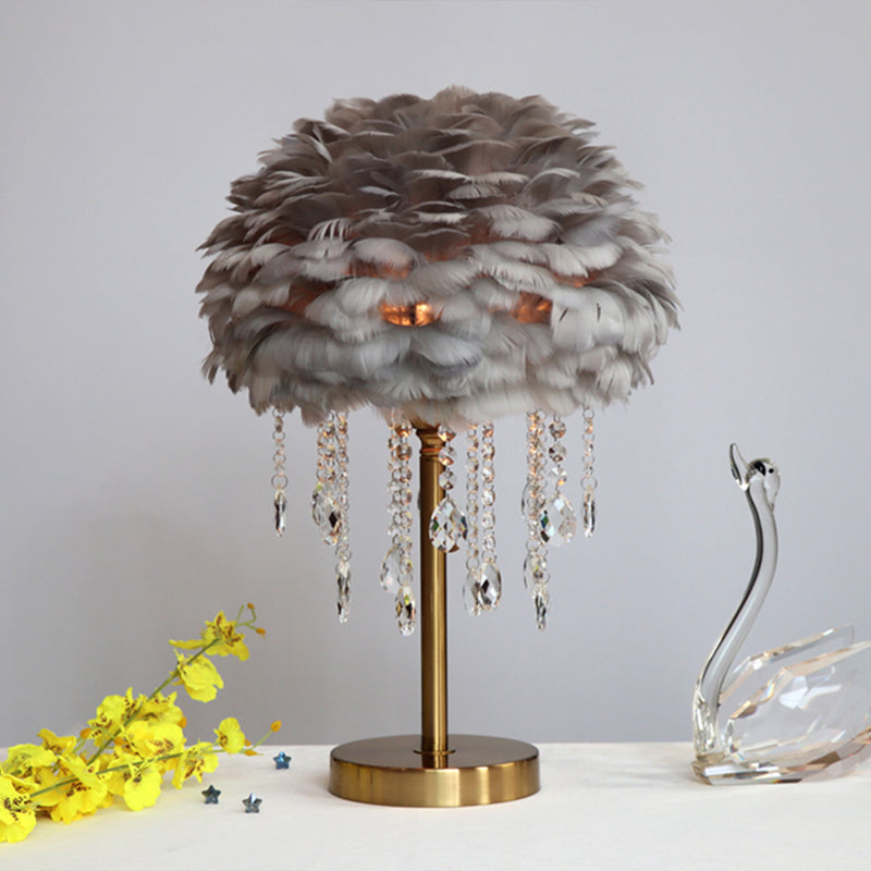 Modern Romantic Domed Table Lamp Feather 1-Light Bedside Night Light with Crystal Decor