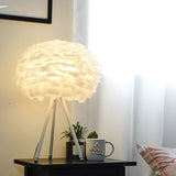 Nordic Tripod Table Lamp Feather 1-Light Bedroom Night Light with Globe Feather Shade in White