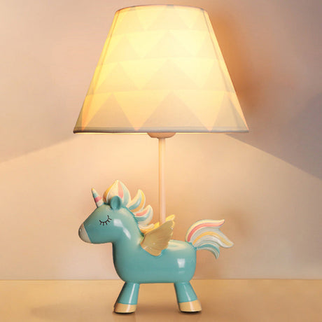 Tapered Print Fabric Table Lamp Cartoon 1 Bulb Nightstand Light with Unicorn Deco for Child Room