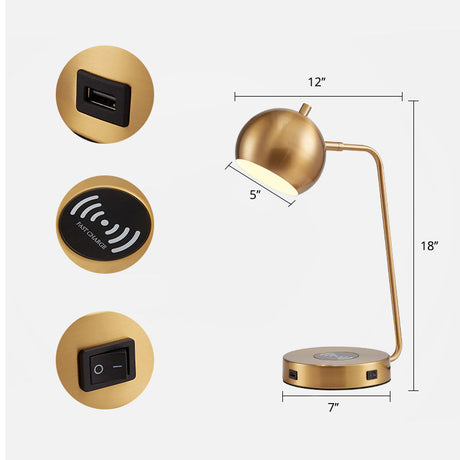 Rotating Dome Table Light Minimalist Metal 1 Head Gold Night Lamp with Wireless Charger Base