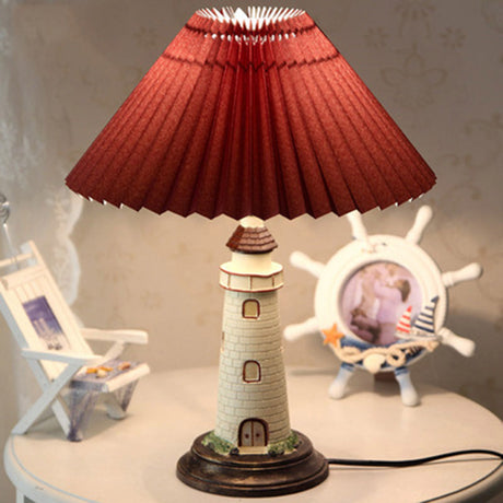 PVC Pleated Shade Table Light Kids 1-Light Nightstand Lamp with Lighthouse Pedestal