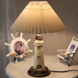 PVC Pleated Shade Table Light Kids 1-Light Nightstand Lamp with Lighthouse Pedestal