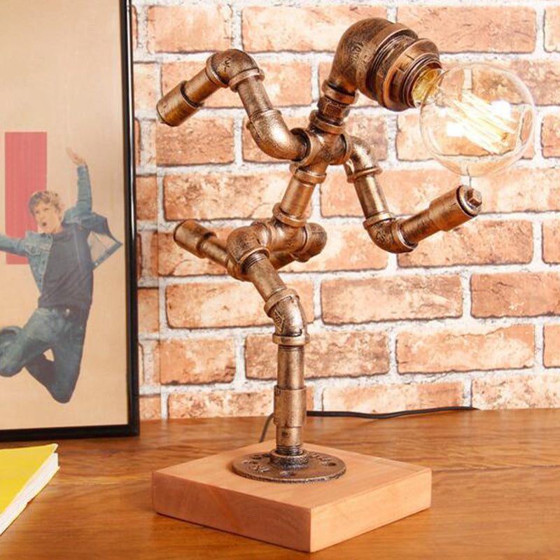 Bronze 1 Head Nightstand Lamp Steampunk Iron Runner Shaped Table Light for Bedroom