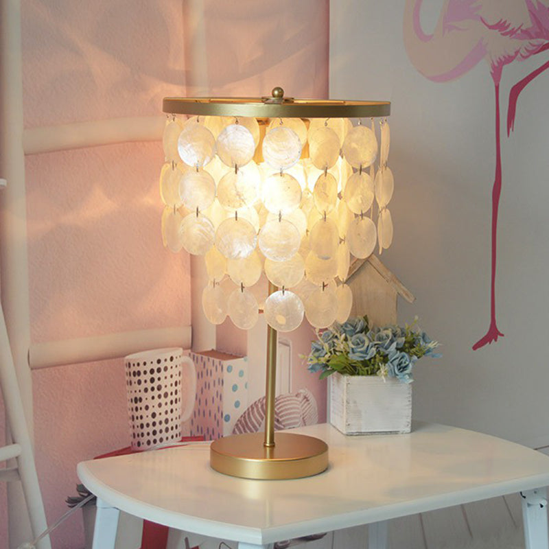 2-Layer Shell Table Lighting Coastal Style 2-Bulb Girls Bedroom Night Lamp in Gold