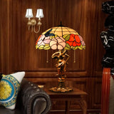 Stained Glass Bronze Night Lamp Hemispherical 2-Head Tiffany Table Light with Pull Chain