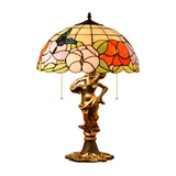 Stained Glass Bronze Night Lamp Hemispherical 2-Head Tiffany Table Light with Pull Chain
