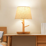 Simplicity Shaded Table Lamp Fabric 1-Light Bedroom Night Light with Wooden Base