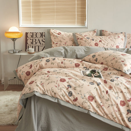 Autumn/Winter Cream Pink Flowers bedding set Class A Washable Double Yarn Cotton/Linen Duvet Cover Four-Piece bedding Set