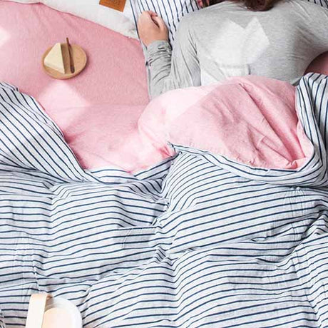 Pink/Grey Yarn-Dyed Stripe Knit Fabric Bedding Set Cotton Duvet Cover Bedding Set