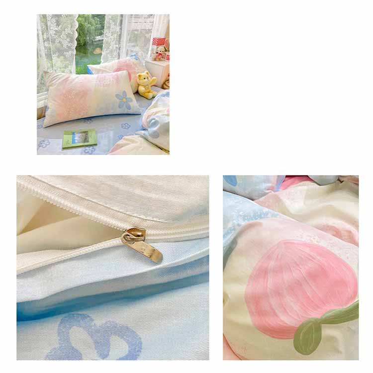Pink Peach Blue Flower Bedding Set Washable 60s Cotton Duvet Cover Bedding Set