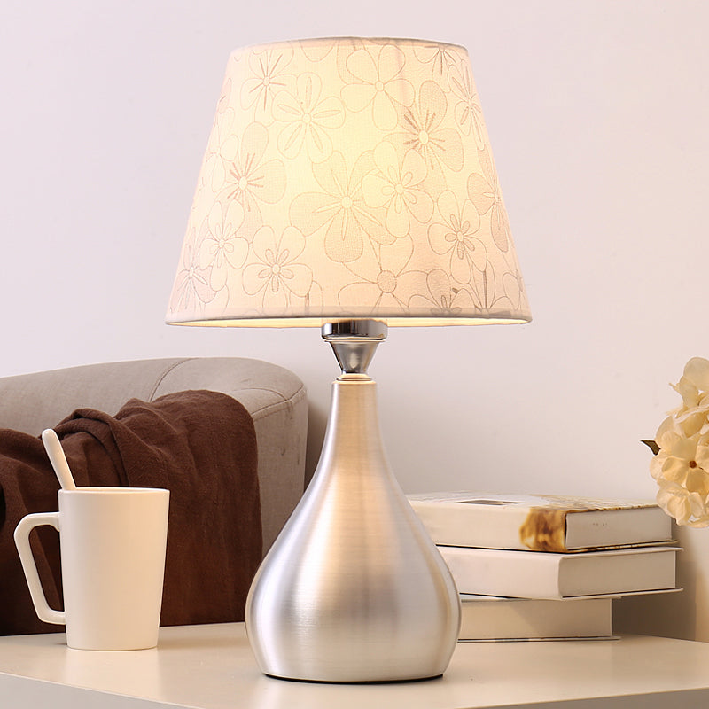 Silver Drop-Like Table Lamp Modern 1-Light Aluminum Night Light with Cone Fabric Shade