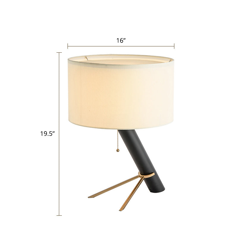 Minimalist Creative Tripod Night Light Metal 1 Bulb Bedroom Pull-Chain Table Lamp in Black with Round Fabric Shade