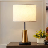 White Shaded Table Lamp Simplicity 1-Light Fabric Night Stand Light with Brass-Black Base