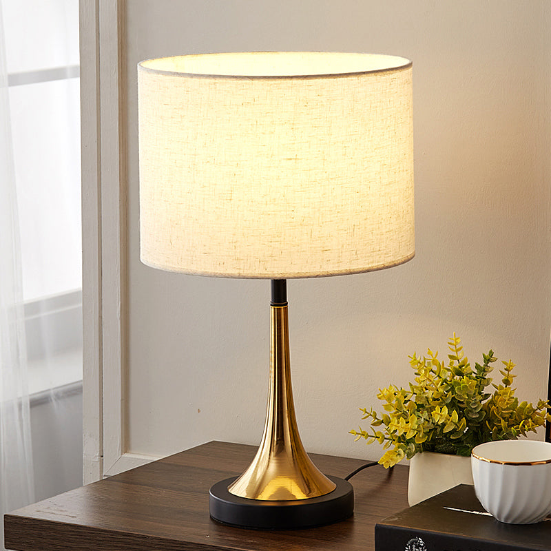 White Shaded Table Lamp Simplicity 1-Light Fabric Night Stand Light with Brass-Black Base