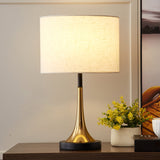 White Shaded Table Lamp Simplicity 1-Light Fabric Night Stand Light with Brass-Black Base