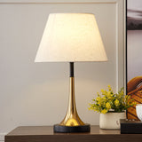 White Shaded Table Lamp Simplicity 1-Light Fabric Night Stand Light with Brass-Black Base