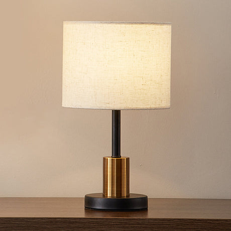 White Shaded Table Lamp Simplicity 1-Light Fabric Night Stand Light with Brass-Black Base