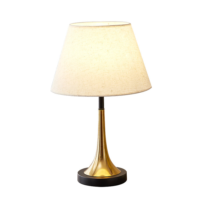 White Shaded Table Lamp Simplicity 1-Light Fabric Night Stand Light with Brass-Black Base