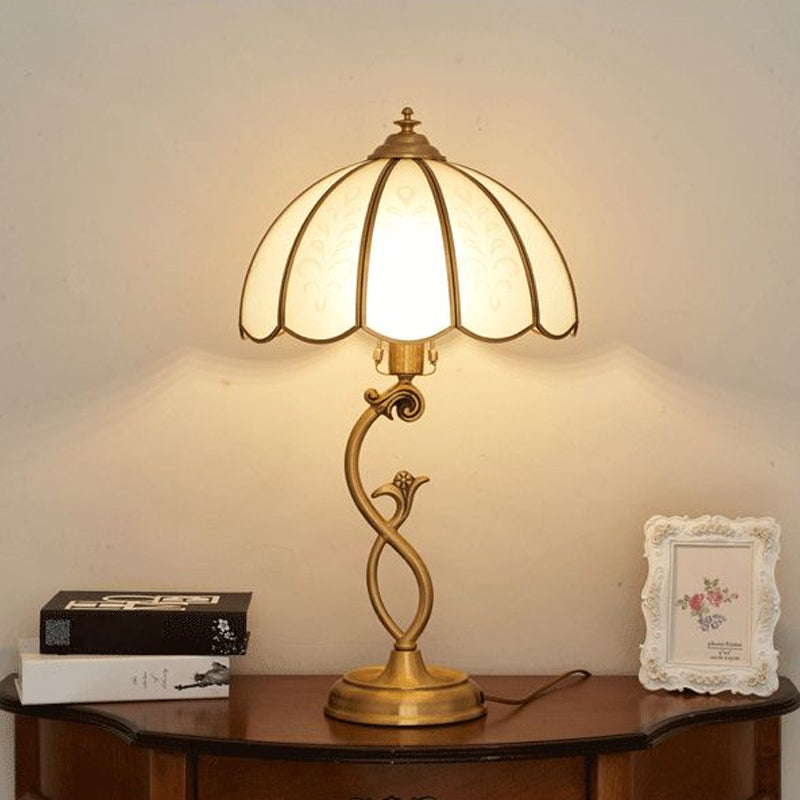 Single Umbrella Shaped Table Light Traditional Brass Cream Glass Nightstand Lamp