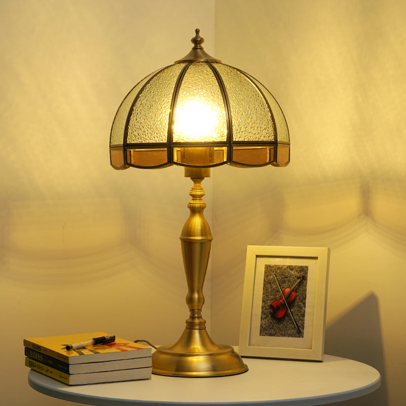 Dome Shaped Water Glass Night Lamp Traditional 1-Bulb Bedroom Table Light with Scalloped Trim in Brass