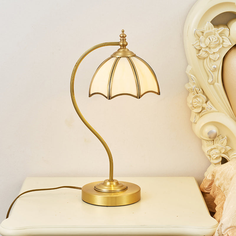 Brass Gooseneck Table Light Vintage Metal 1 Bulb Bedroom Night Light with Scalloped White Glass Shade