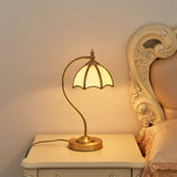 Brass Gooseneck Table Light Vintage Metal 1 Bulb Bedroom Night Light with Scalloped White Glass Shade