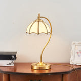 Brass Gooseneck Table Light Vintage Metal 1 Bulb Bedroom Night Light with Scalloped White Glass Shade