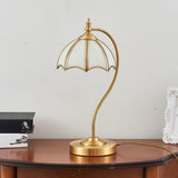 Brass Gooseneck Table Light Vintage Metal 1 Bulb Bedroom Night Light with Scalloped White Glass Shade