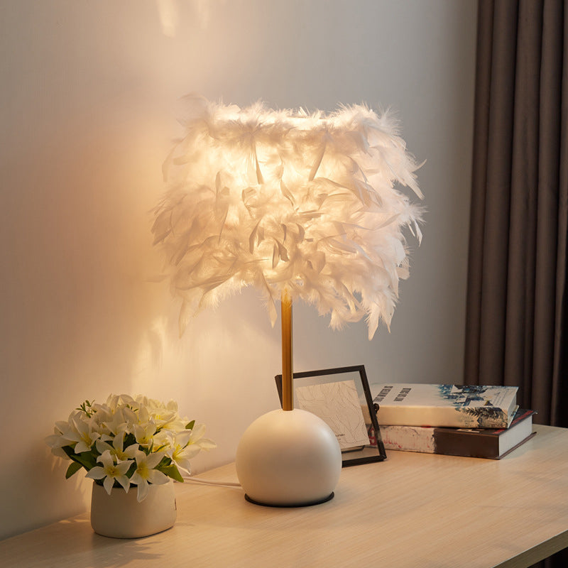 Cylinder Nightstand Light Nordic Feather 1-Light Bedroom Table Lamp with Dome Pedestal