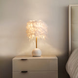 Cylinder Nightstand Light Nordic Feather 1-Light Bedroom Table Lamp with Dome Pedestal